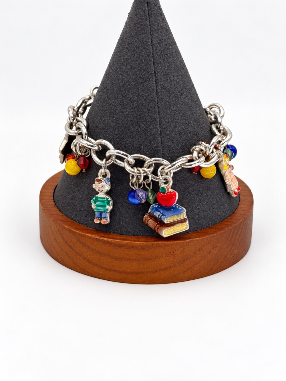 AJMC Teacher Charm Bracelet Silver Tone School ABC Books Colorful Beads